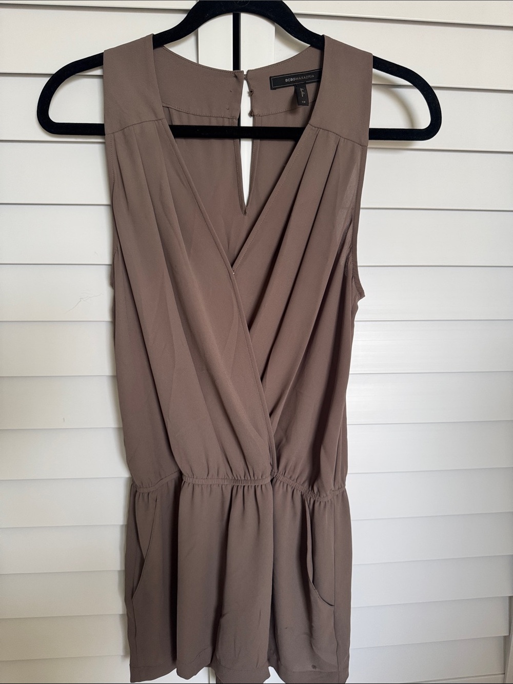 BCBGMaxAzria Taupe Draped Surplice Romper